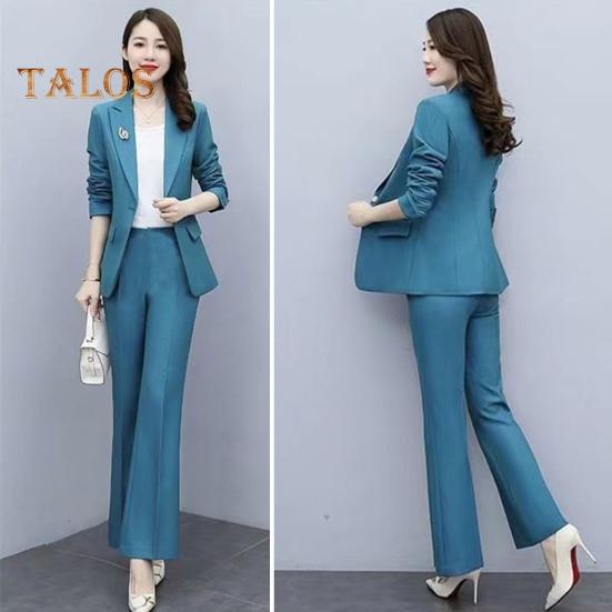 Женский комплект из 2 предметов: пальто и брюки, отложной воротник, длинные рукава, пиджак, облегающий крой, однотонные расклешенные брюки, повседневная одежда для поездок на работу и в офис