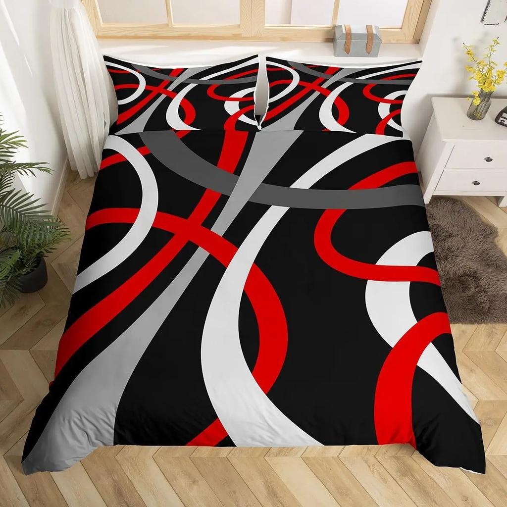 Abstract Geometric Curve Print Duvet Cover Set, Red Black White Modern Bedding Set, Soft Microfiber Quilt Cover With Pillowcases