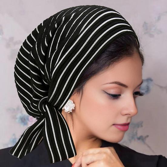 Women Headscarf Hat Striped Print Lace-up Turban Hat Hair Loss Chemotherapy Headwear Full Coverage Head Wrap