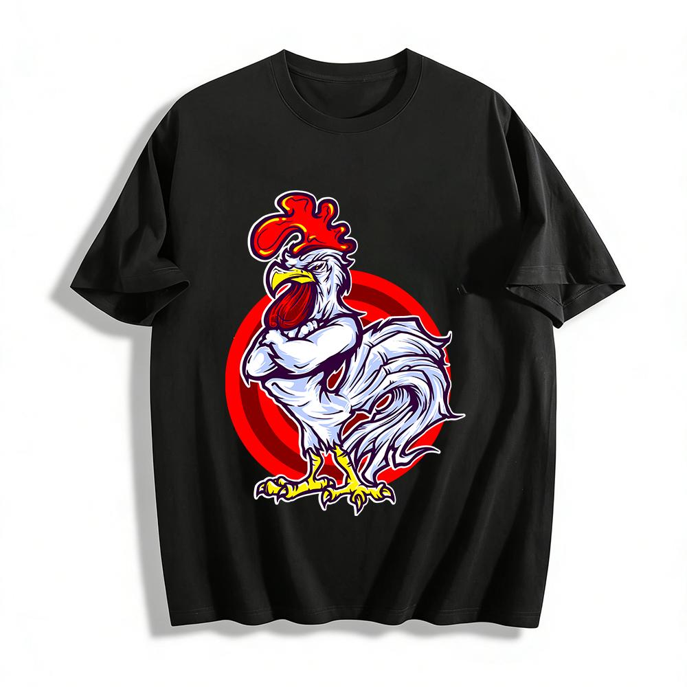 Cool Muscular Rooster Print Trendy Unisex Casual Short Sleeve Pure cotton T-shirt