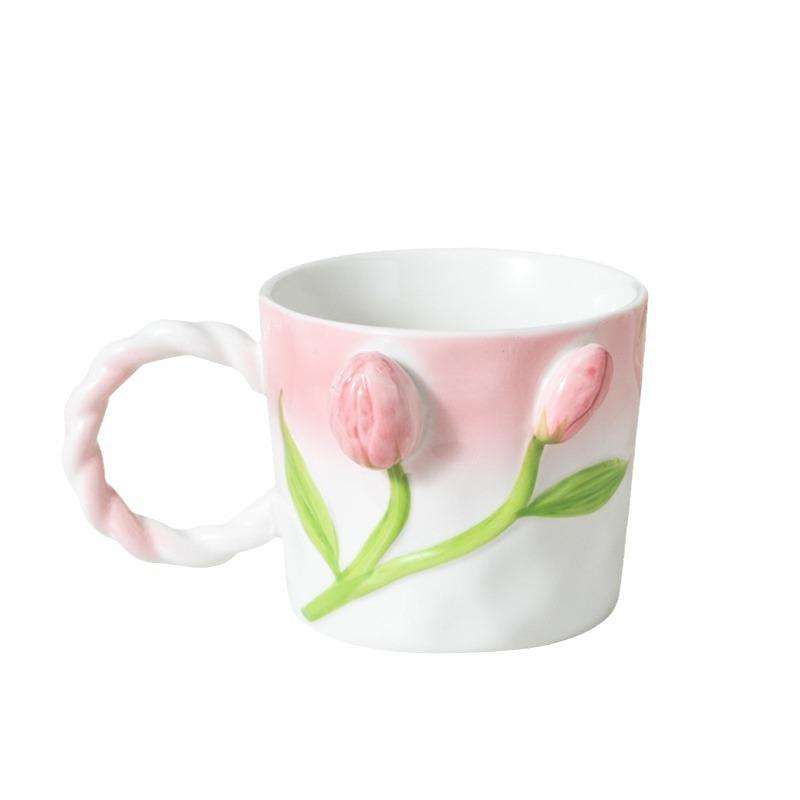 Three-Dimensional Relief Tulip White Porcelain Ceramic Water Cup Coffee Cup Souvenir Gift