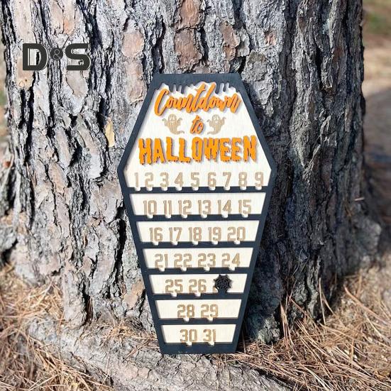 Halloween Advent Calendar Wooden Countdown To Halloween Ornament with Movable Pumpkin Block for Home Decor