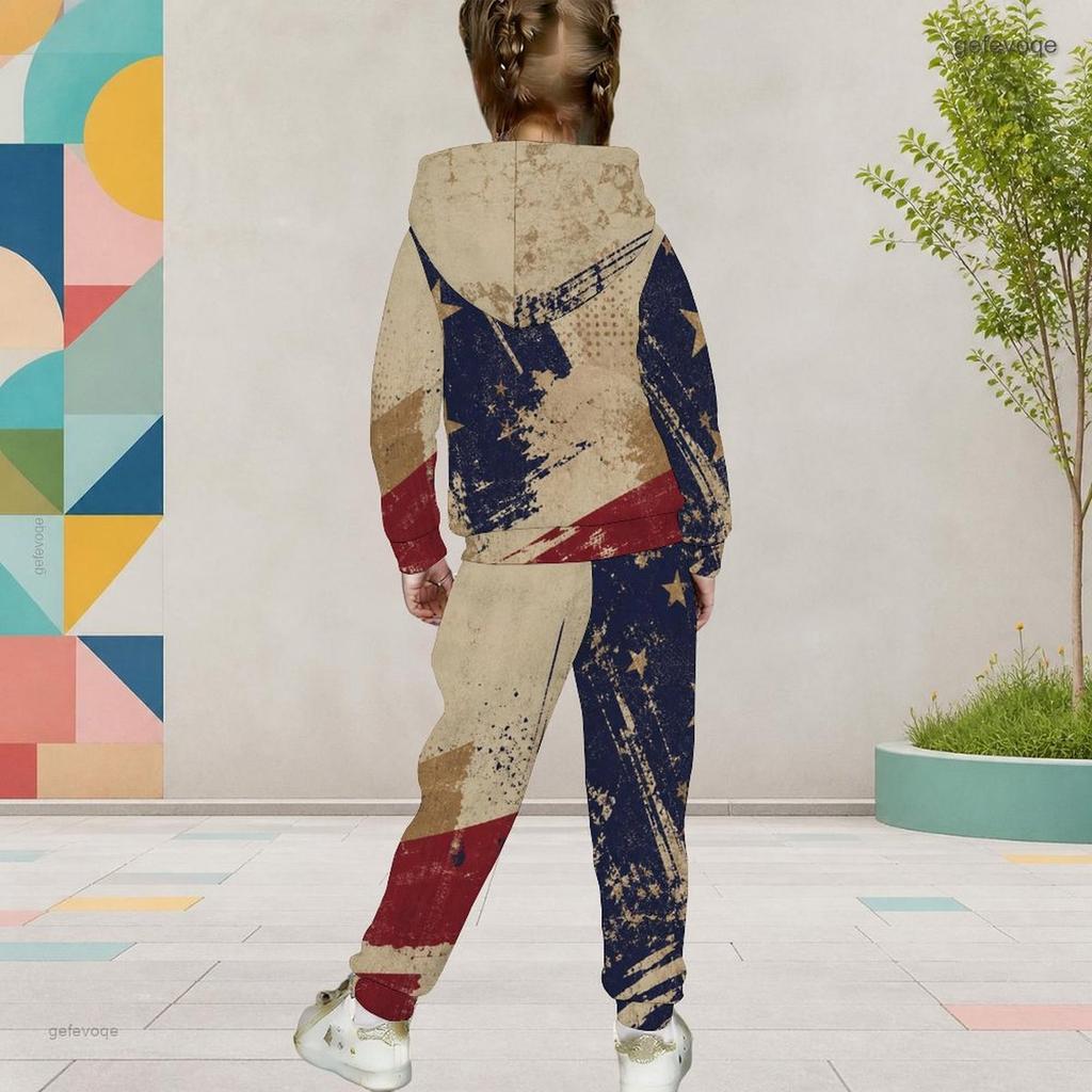 Girls Hooded Long Sleeve US Flag Printed Kangaroo Pocket Top Cuffed Pants Two Piece Outfit