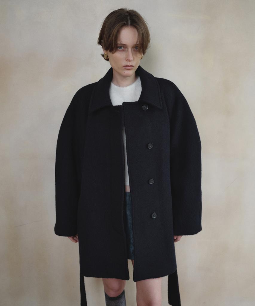 OVERDUEFLAIR Volume Sleeve Wool Half Coat_Navy