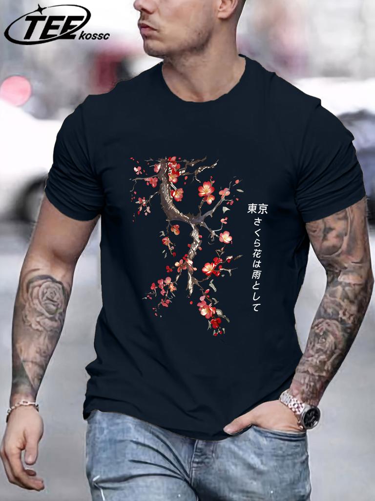 Cherry Blossoms And Rain In Tokyo Mens T Shirts Hip Hop AllMatch Tops Casual Cotton Retro Clothes Male Loose ONeck Streetwear