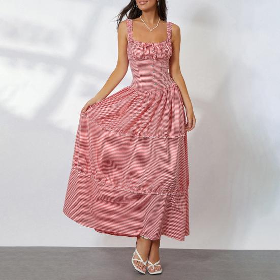 Женское Макси-платье без рукавов в клетку гингем с круглым вырезом, со сборками, длинное