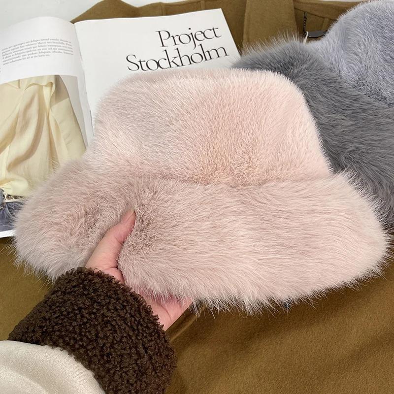 Big Faux Fur Fluffy Bucket Hat for Women Luxury Plush Winter Hat Thicken Snow Oversized Fur Bucket Hat Soft Big Panama Cap