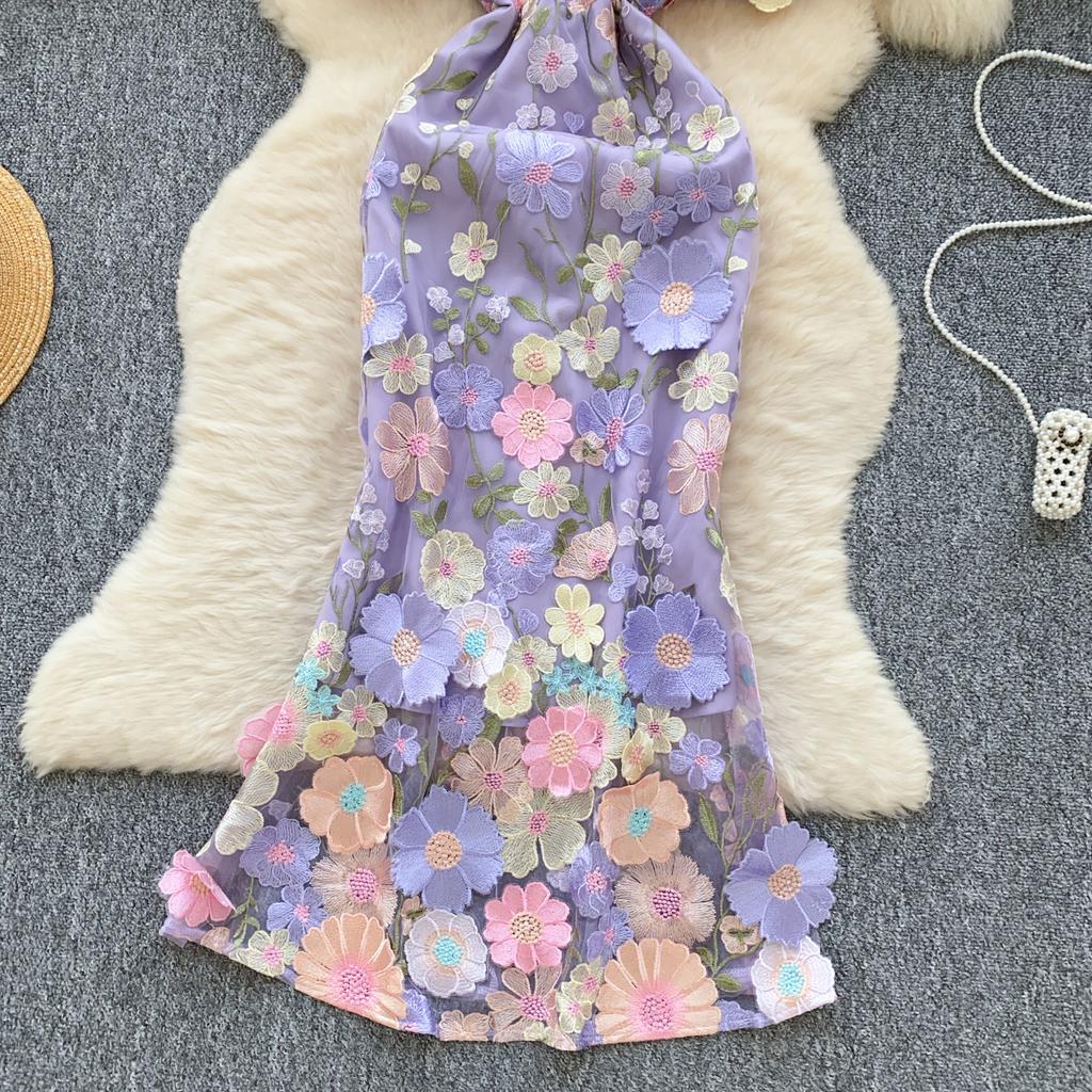 Элегантное цветочное вышитое О-образное платье в стиле винтаж с коротким рукавом и фонариком, шикарное облегающее платье-русалка, французская вечерняя женская одежда для улицы