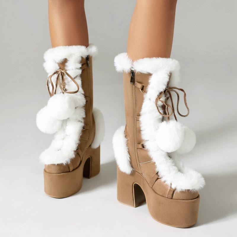 2024 Новые зимние женские зимние сапоги на толстой подошве с высоким каблуком из искусственного меха, женские плюшевые теплые нескользящие сапоги до середины голени