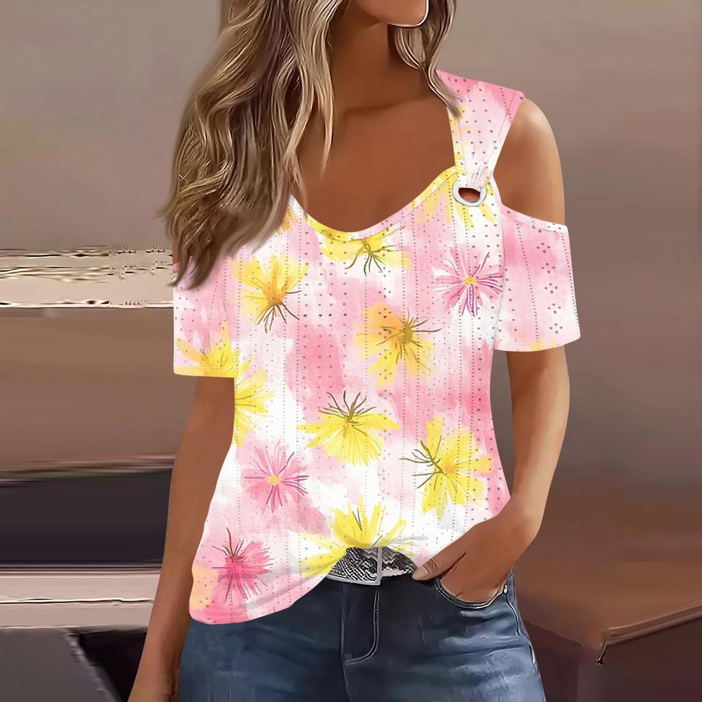 Sexy Cold Sholuder Tops For Women Summer Hollow Out Eyelet Short Sleeve Blouse Loose V Neck Tshirt Trendy Casual Tunics