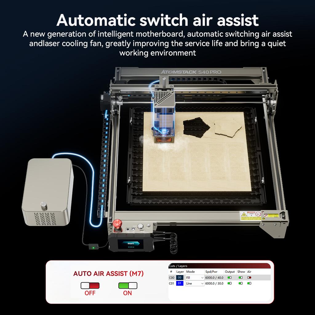 Atomstack S40 Pro 40W Laser Engraver with Dual Air Assist Pump One Button Switch CutEngrave Mode