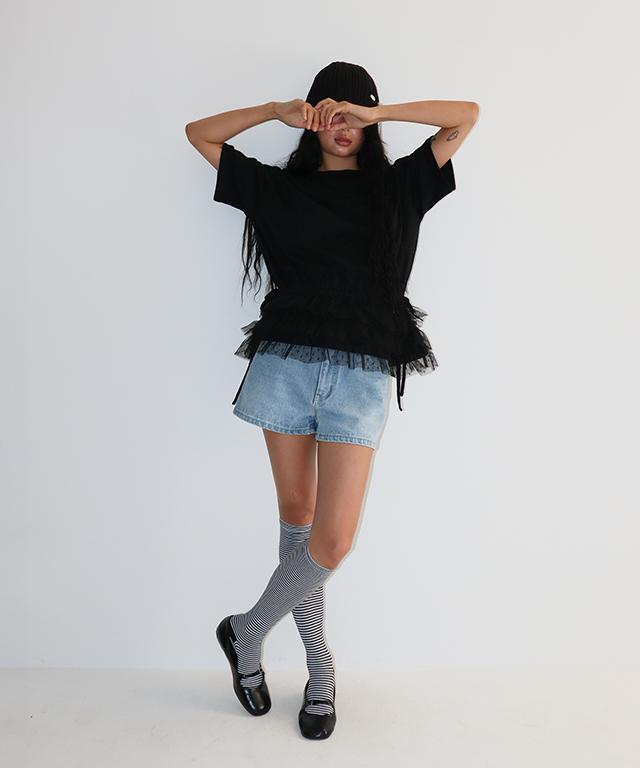 RONRON Double Layered Shirring Short T Shirt Black