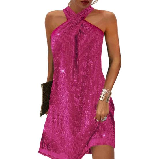 Женское платье с блестящими блестками с открытыми плечами без рукавов с перекрестной лямкой на шее, свободное трапециевидное платье со свободным подолом, однотонное мини-платье для выпускного вечера, вечернее платье