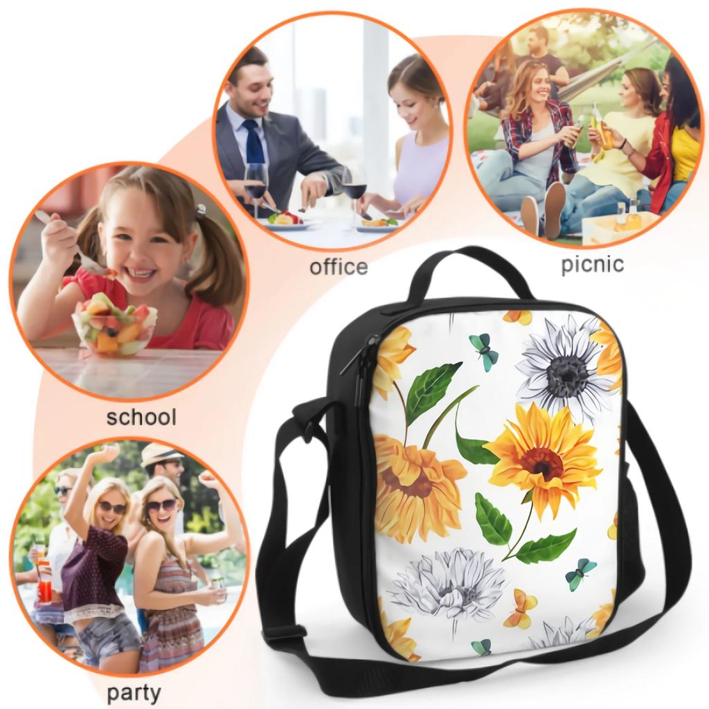 Watercolor Sunflowers And Butterflies Insulated Lunch Box Cooler Bag with Adjustable Shoulder Strap Bento Bag for Travel Picnic