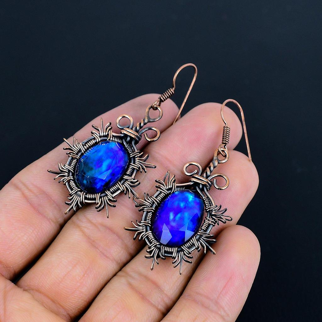 Серьги с аммолитом, Ювелирные изделия из драгоценных камней, Серьги ручной работы, обернутые медной проволокой 999 пробы, Ювелирные изделия новейшего дизайна