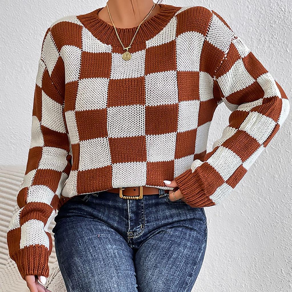 Autumn and Winter Women's Long Sleeve Colour Block Checker Plaid Loose Round Neck Pullover Sweater
