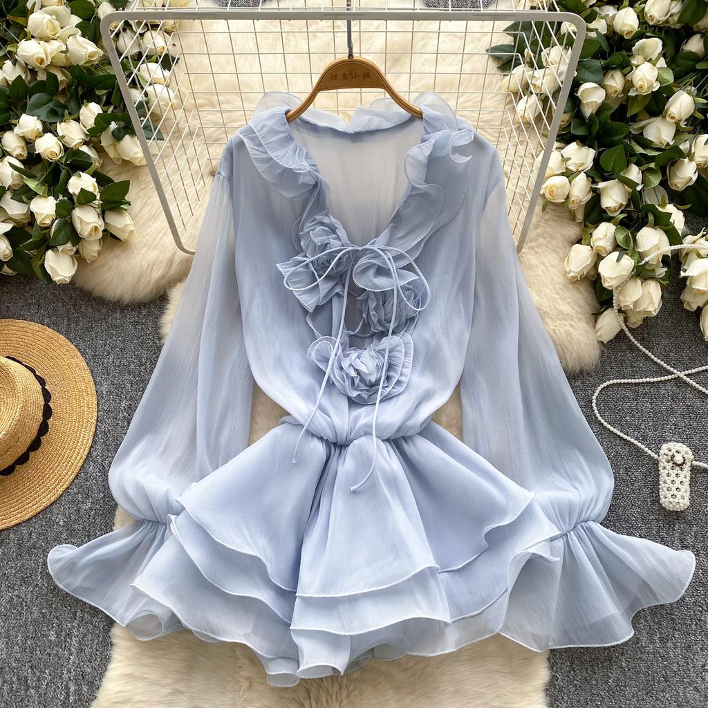 Sweet Pink 3D Floral Beach Short Dress Female Long Sleeves Lace Up Ruffle Chiffon Cake Sundress Sheer Sexy Vintage Bohemian Dress