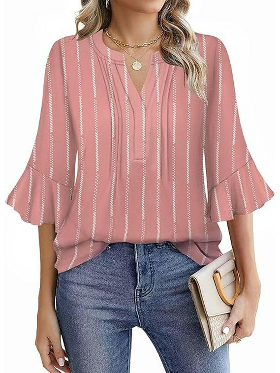 Шифоновая блузка Lotus Leaf 2025 с V-образным вырезом - Однотонная, с рукавами три четверти, Повседневная, свободного кроя