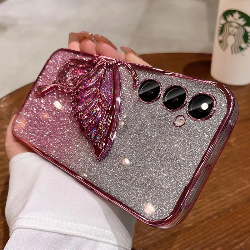 Чехол с блестками «Зыбучий песок» с бабочками для Samsung Galaxy A55 A34 A14 A15 A35 A25 A54 S23 Plus S24 FE S25 Ultra Противоударный чехол