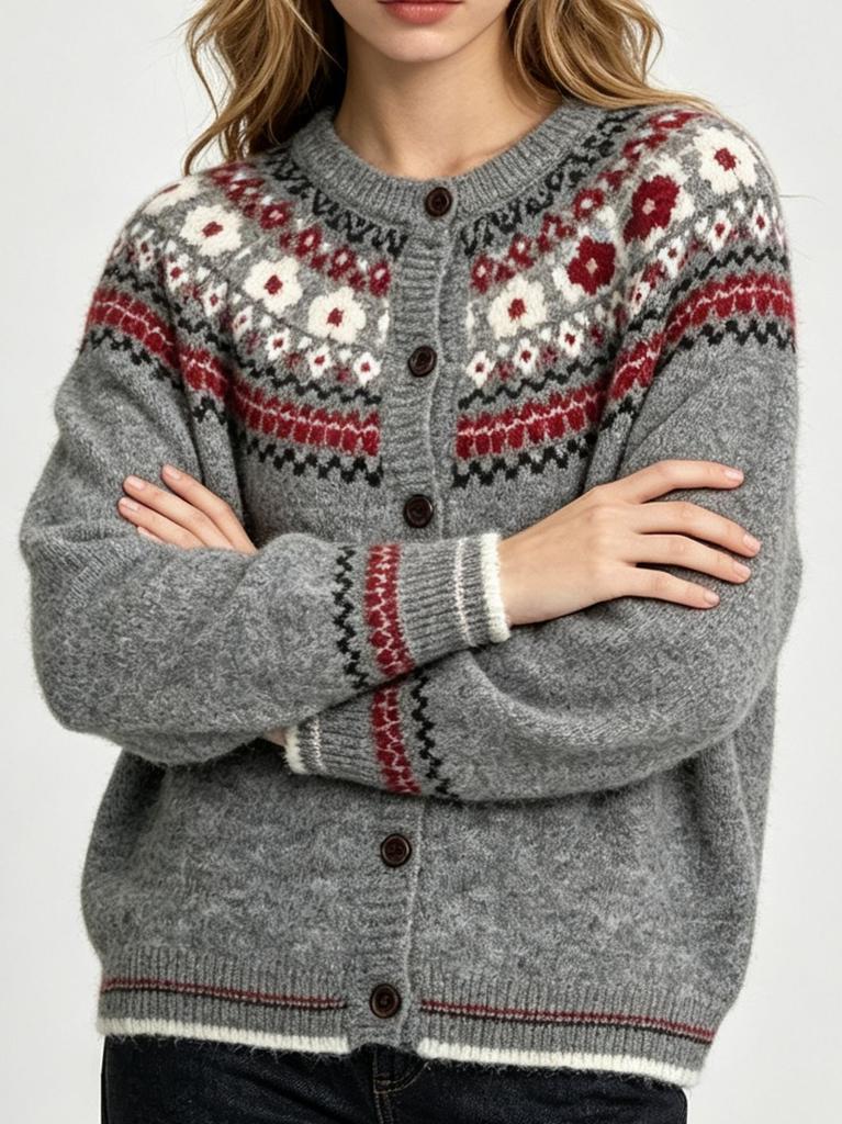 Fair Isle Cardigan for Women Vintage Round Neck Knit Sweater Coat Fall Winter Lazy Style