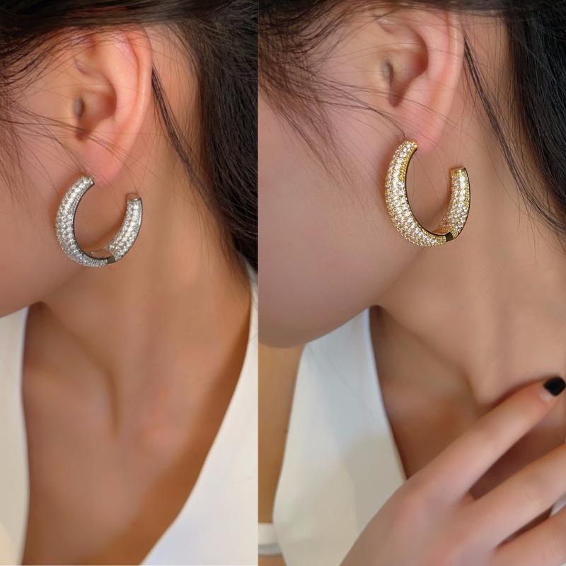 C-Shape Zircon Inlaid Copper Earrings Minimalist Luxury Ear Jewelry