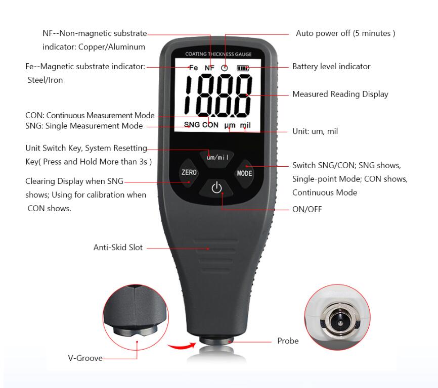 0.1micron/0-1300 Coating Thickness Gauge Plastic Car Paint Film Tester for Accurate Measurements