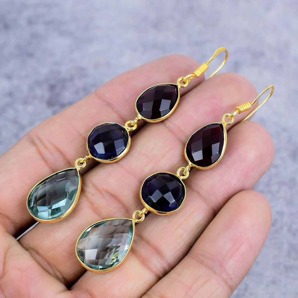 Blue Topaz, Amethyst Gemstone 925 Sterling Silver Jewelry Earring 2.99" M-2654