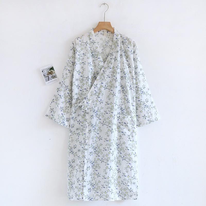 Japanese Kimono Ladies Bathrobe Nightdress Long-sleeved Nightgown Cotton Gauze Summer and Autumn Cute Sweaty Spring Cotton Pajamas