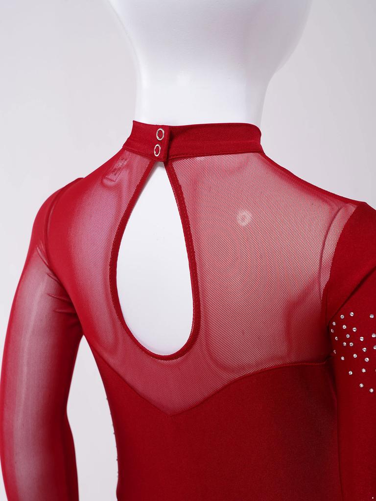 Комбинезон для танцев для девочек, блестящие стразы, прозрачная сетка пэчворк, спинка с вырезом-капелькой, длинный рукав, гимнастический костюм