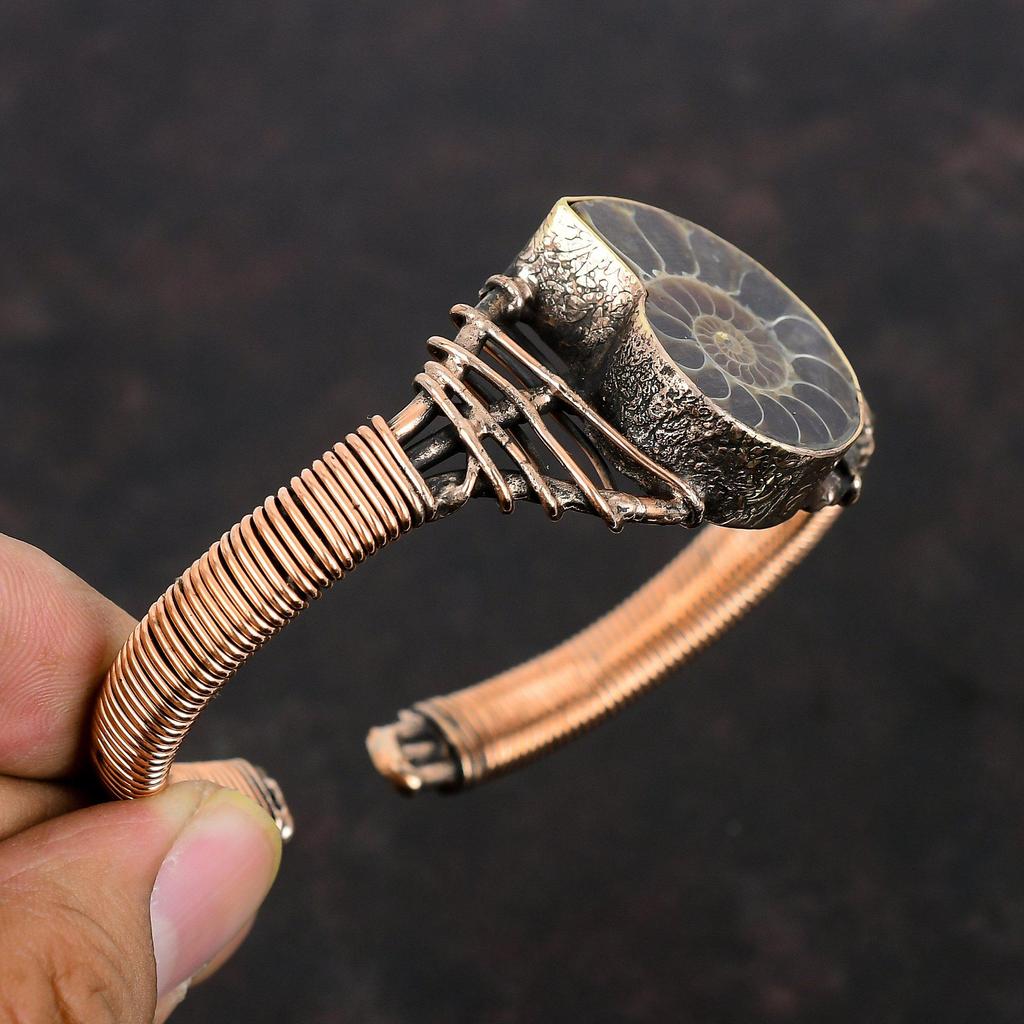 Ammonite Fossil Gemstone Cuff Bracelet Copper Wire Wrapped Bangle Adjustable Cuff Handmade Bangle Very Pretty Copper Jewelry Gifts For Women