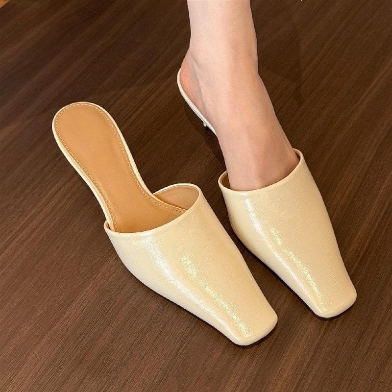 Кремовые женские полушлепанцы с квадратным носком, весенняя уличная обувь 2025, мюли на шпильке