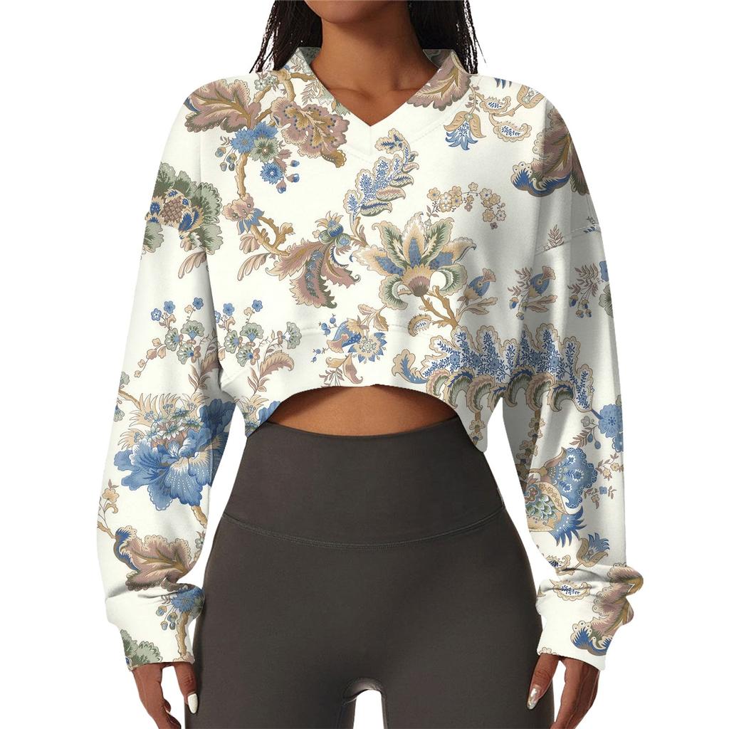 Женская повседневная модная сексуальная удобная спортивная толстовка с V-образным вырезом и длинным рукавом с цветочным принтом