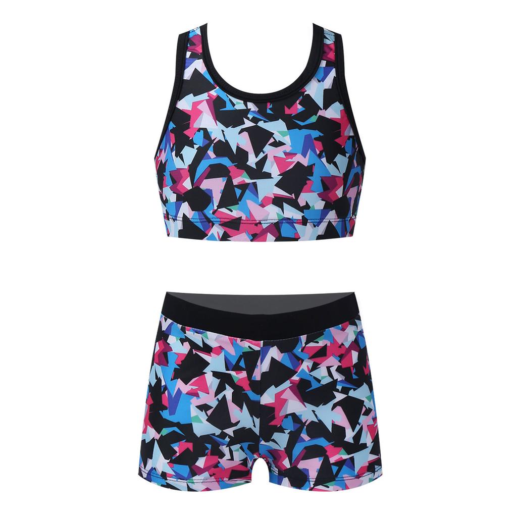 Crew Neck Patterns Printed Sleeveless Y-Shaped Back Tank Vest with Elastic Waistband Boyshorts Athletic Sets