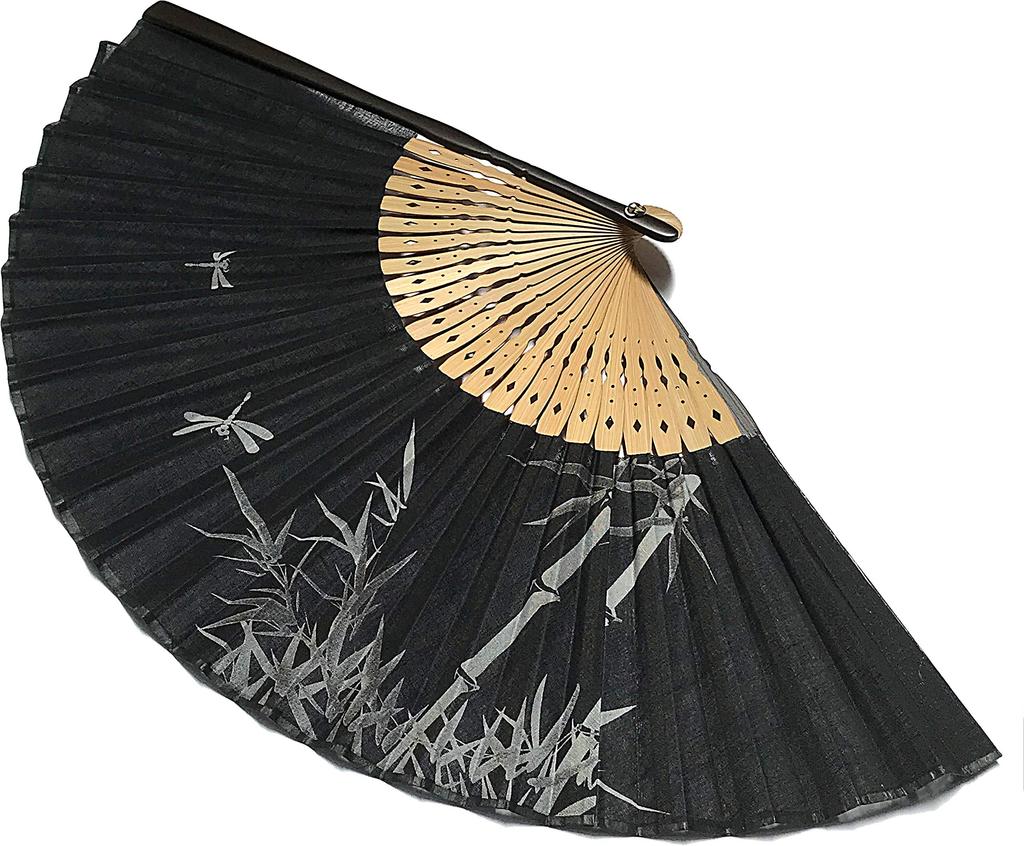 Folding Fabric Ink Painting Large Dragonfly and Bamboo Forest Japanese Large [Hanakanzashi] Men's Fan, Covered, Style, Size, Pattern, Black, Pattern,