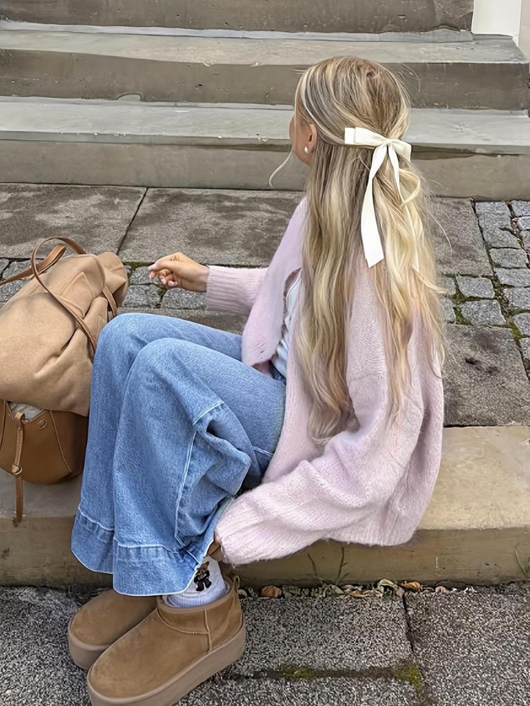 Women's Light Pink Round Neck Knit Cardigan - Autumn/Winter Loose Fit, Drop Shoulder, Long Sleeve, Short Versatile Sweater Coat