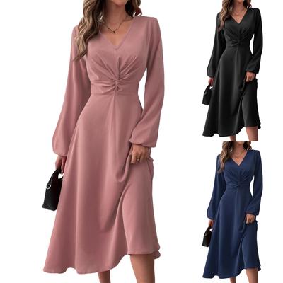 Женское модное повседневное однотонное платье с V-образным вырезом и перекрученными длинными рукавами