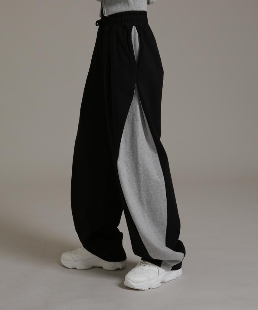 LIKE THE MOST Training Pintuck Color Block Wide Pants Black