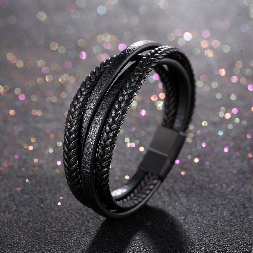 Мужской многослойный плетеный кожаный браслет из коровьей кожи и нержавеющей стали - Европейский и американский стиль