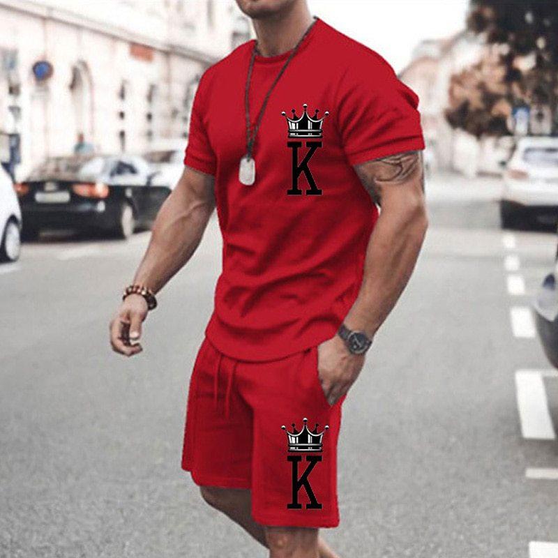 Asian Size Europe and the United States New 3D Digital Printed Men's Casual Fashion Sports Men Short Sleeve Up and Down Two Sets