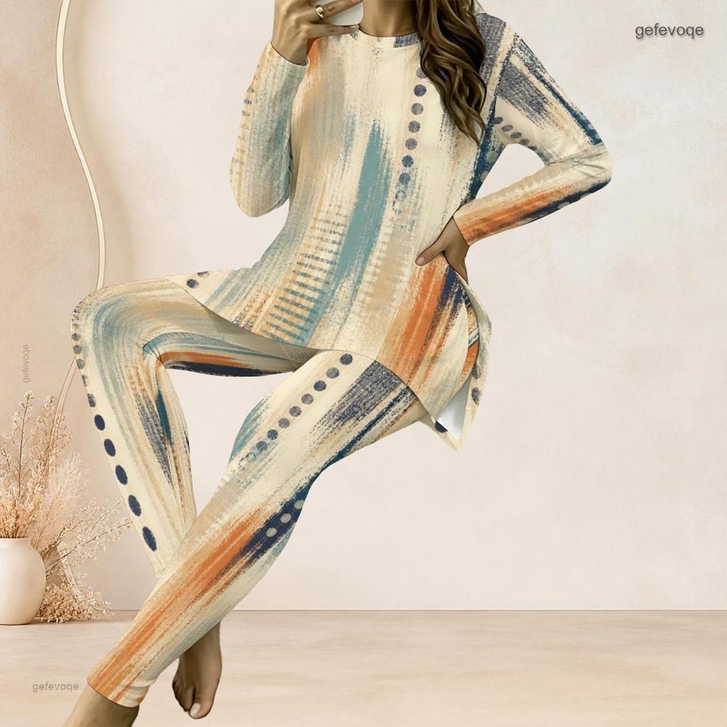 Women Plus Size Printed Two Piece Set Round Neck Long Sleeve Longline Top Fitted Long Pants
