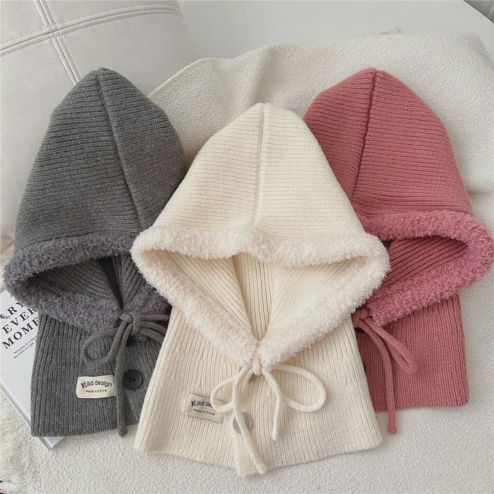 Women's Solid Color Wool Balaclava - Warm Korean Pullover Neck Protection Hat for Autumn and Winter