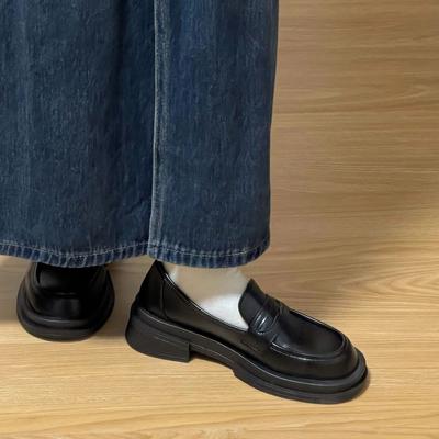 Маленькие кожаные туфли в британском стиле, женские, японские, черные, на платформе с юбкой, нежные мокасины