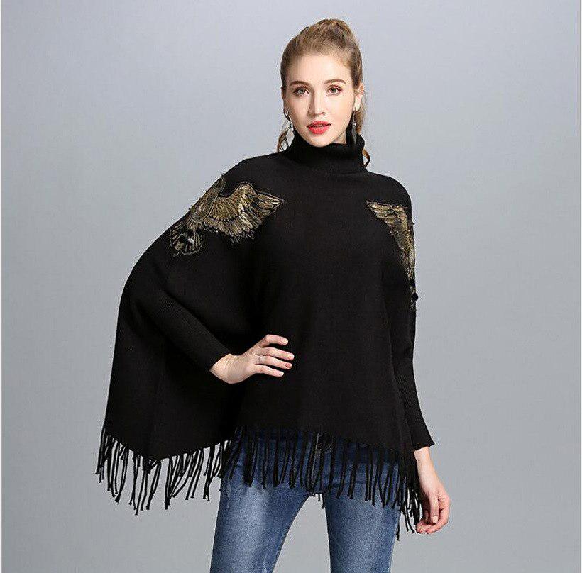 Bat Sleeve Turtleneck Knitted Sweater Poncho Female Fashion Embroidery Tassel Mid-length Sweater Poncho Pullover Women Spring
