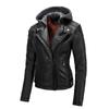 Autumn and Winter Women's Motorcycle Leather Jacket Short Hooded Detachable Jacket Slim Fit with Fleece Leather Jacket for Women