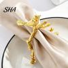 Wedding Napkin Rings Ring, Vintage Branch & Bird Design with Gold Finish, Open-End Holder for Elegant Clip Cloth Linen Dinner Napkins, Banquet