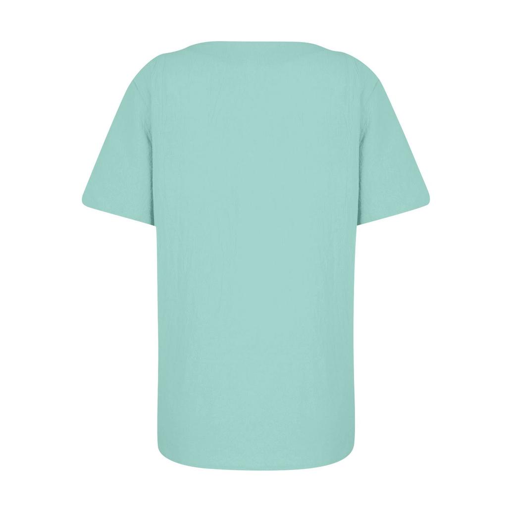 Women's Cotton Linen Round Neck Short Sleeve With Button Tops Printed T-shirt