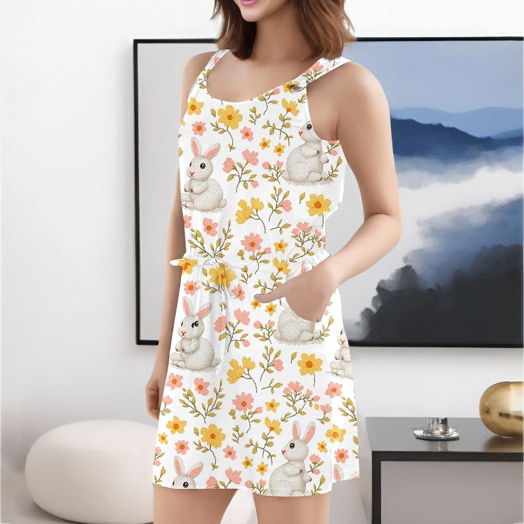 Women's Fashion Casual Easter Printed Sleeveless Drawstring Dress With Pockets