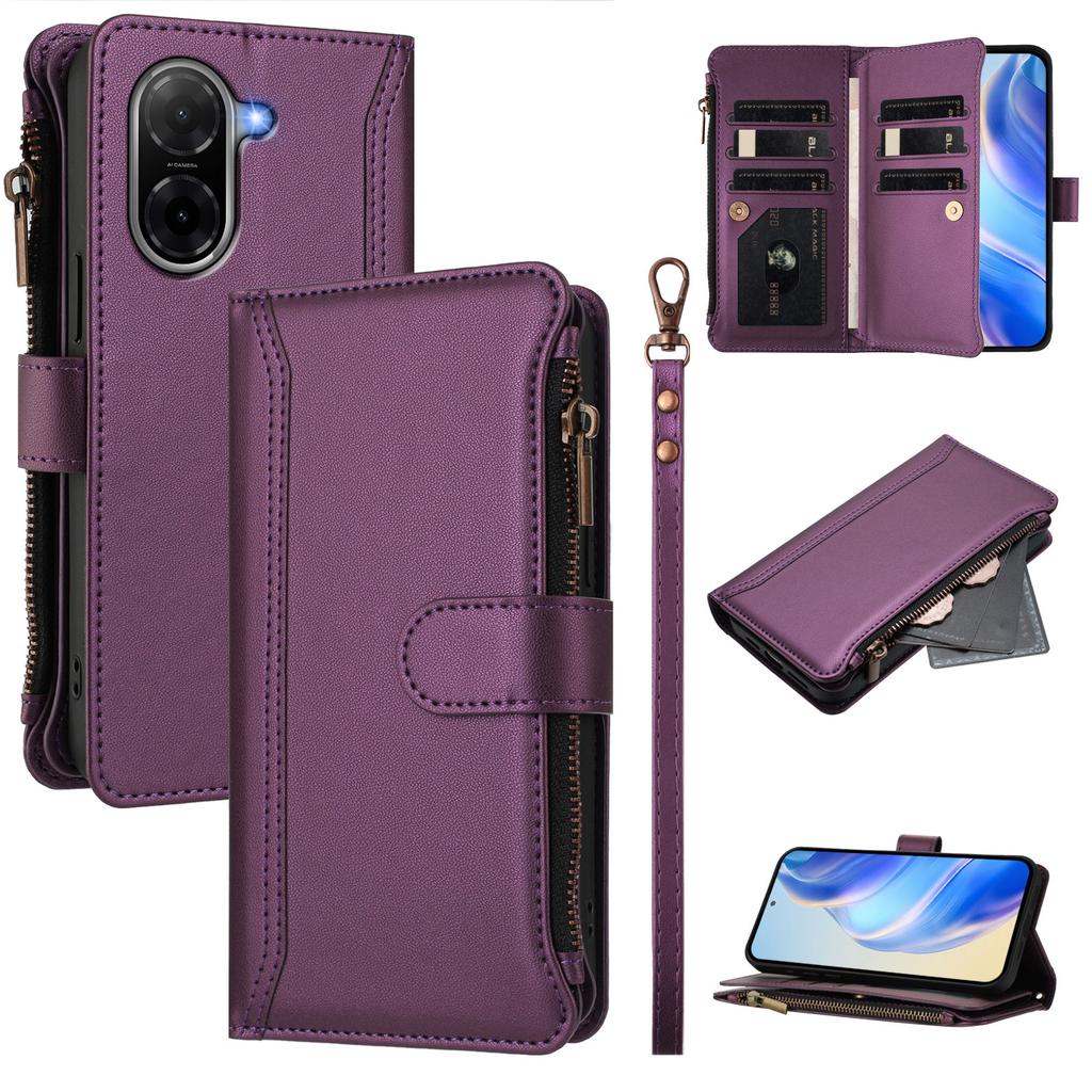 For Xiaomi Poco C71 4G/Xiaomi Redmi A5 4G (171.7*77.8*8.3mm) Leather Case 9 Card Slots Zipper Wallet Stand Phone Cover with Wrist Strap