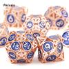 7 Pcs  Copper Blue Metal Dice Circular Hollow Metal Polyhedral Dice Set Suitable for Role-Playing RPG  Board Game Card Game