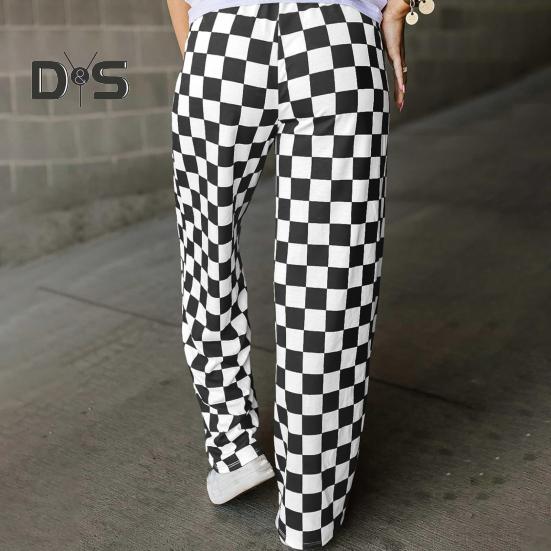 Женские брюки с высокой талией, эластичные, клетчатые, широкие, повседневные брюки свободного кроя, повседневная одежда для работы и отдыха